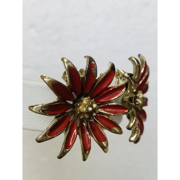 Vintage Red Enamel Sunflower Rhinestone Gold Tone Clip On Button Earrings - Picture 8 of 10